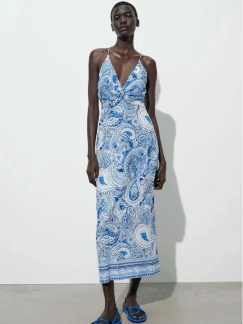 Zara Printed Midi Dress With Knot Detail-Blue-XS